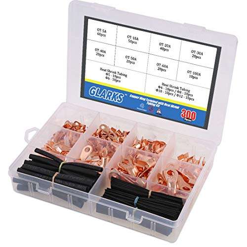 Glarks 300Pcs Open Barrel Wire Crimp Copper Ring Lugs Wire Crimp Terminal Connectors OT 5A 10A 20A 30A 40A 50A 60A 100A with Heat Shrink Tubing Assortment Kit for Auto Car Battery Cable Connector 5