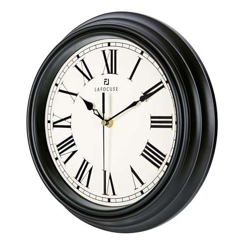Lafocuse 12 Inch Black Wall Clock Roman Numerals, Silent Analog Wall Clock Battery Operated for Kitchen Living Room Bedroom, Retro Home Décor 6