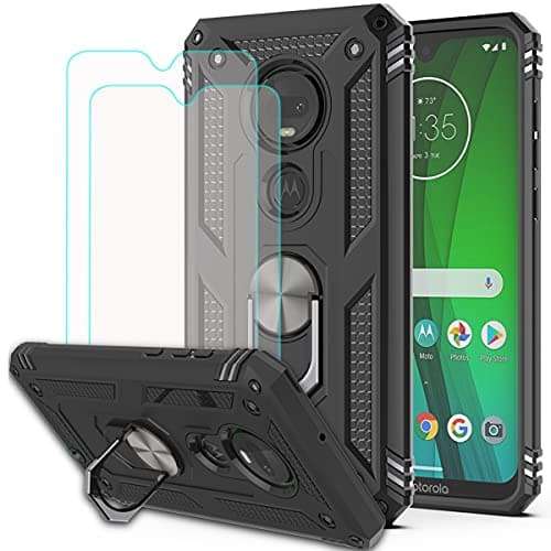 Moto G7 Plus Case,Moto G7 Case with HD Screen Protector (2Pack) KaiMai 360 Degree Rotating Ring & Bracket Dual Layers of Shockproof TPU and Solid PC Phone Case for Moto G7 Plus 6.2"-Black