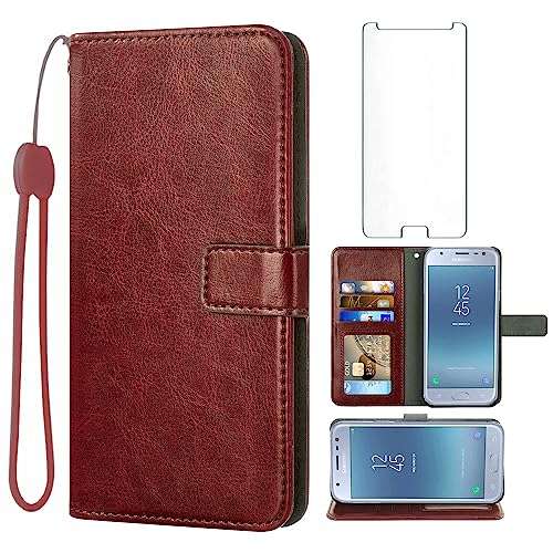 Asuwish Compatible with Samsung Galaxy J3 Luna Pro J 3 Prime 2017 Emerge 3J Eclipse Mission Wallet Case Tempered Glass Screen Protector and Flip Cover Card Holder Phone Cases for Glaxay S327VL Brown 1