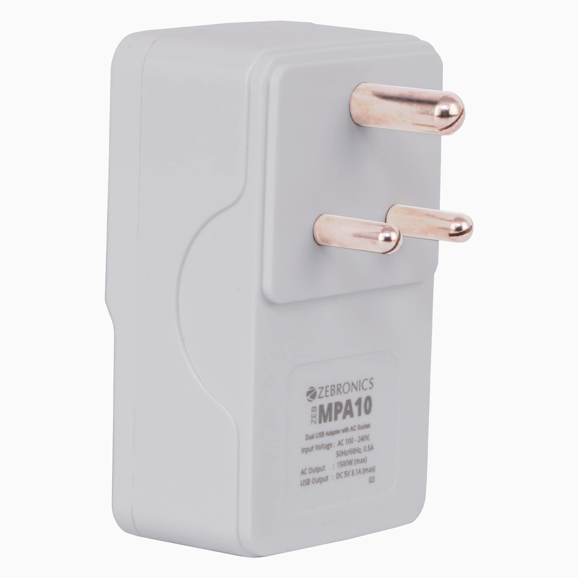 ZEBRONICS ZEB-MPA10 Dual USB Adapter with AC Socket,5V 3.1 A Output (White) 3