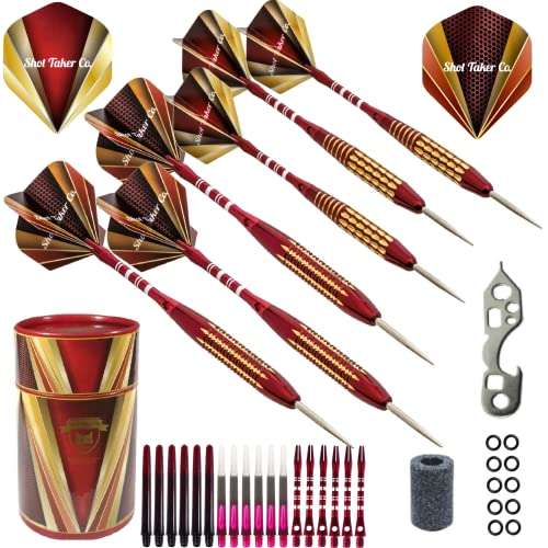 SHOT TAKER CO. EST. 2017 6pc Steel Tip Darts Set - Professional Darts for Dartboard - Includes Barrels + Plastic/Aluminum Shafts + O'Rings + Flights + Sharpener + Wrench (21g-Red B-10412) 1