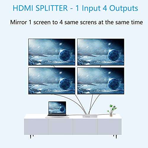 CERRXIAN HDMI Splitter 1 in 4 Out 4Kx2K @30Hz HDMI 1.4 HDCP,1 x 4 HDMI Splitter with DC Adapter Supports 4K@30HZ Full HD1080P for Xbox PS4 PS3 Fire Stick Roku Blu-Ray Player HDTV (1 in 4 Out) 3