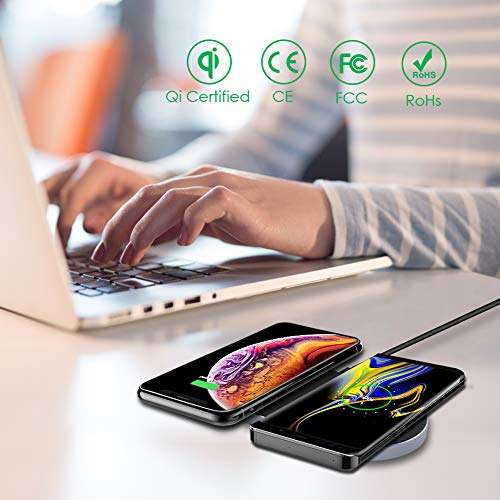 ZealSound 5 Coils Wireless Charger Charging Pad, Fast Quick Anti-Slip Silicon Metal Aluminum w/QC 3.0 Adapter Chargers Station Dock for Qi New AirPods Multiple Devices Can't Support 15W Phones-Black 5