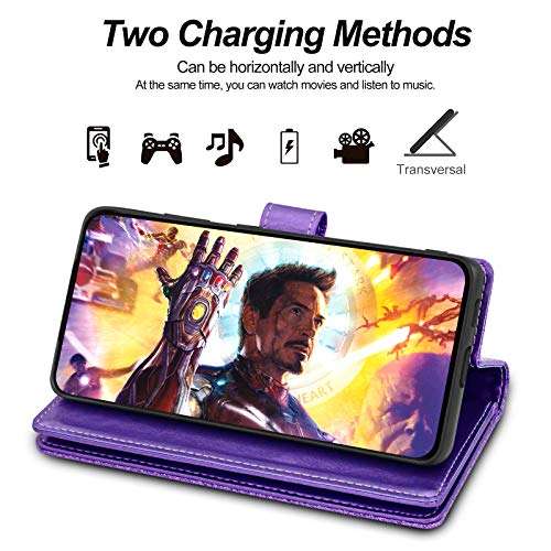 Newseego Compatible Samsung Galaxy S21 Ultra Wallet Case (6.8 Inch),Glitter PU Leather Magnetic Closure Multi-Credit Card Slot Cash Holder Detachable 2 in 1 Wallet Cover with Wrist Strap-Purple 3