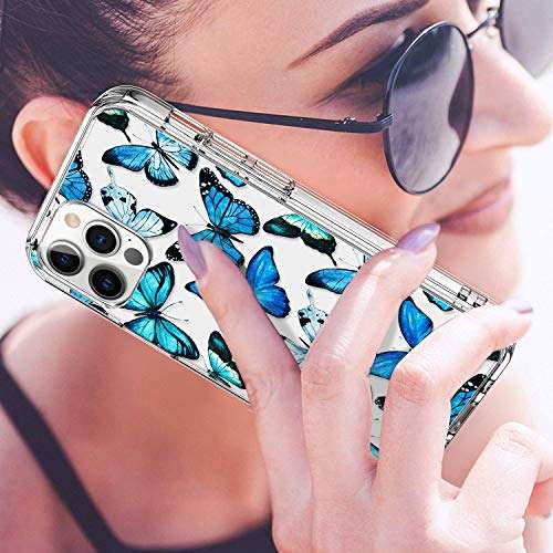 LUHOURI Designed for iPhone 12 Pro Max Case with Screen Protector - Crystal Acrylic Clear for Women and Girls - Slim Fit Protective Phone Cover 6.7" - Floral Blue Butterflies 2