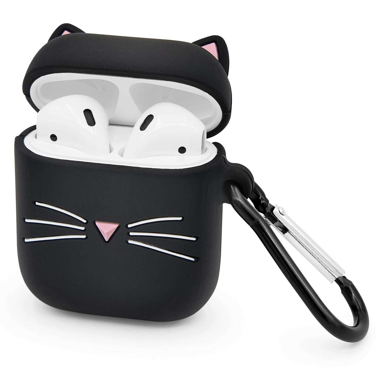 Megantree Cute Airpods Case, Airpods 2 Case, Black Whisker Cat Kitty Funny Kawaii 3D Cartoon Animals Full Protection Shockproof Soft Silicone Charging Case Cover with Keychain for Girl Women Kids 1