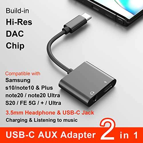 ivoros USB C to 3.5mm Headphone & Charge Adapter, Type C Audio Jack Earphone Aux Converter,Design for Samsung Galaxy S21/S20/FE 5G/+/Ultra/Note 20/10/Plus,Google Pixel 4/3/2 XL,ipad Pro/Air 4-Black 3