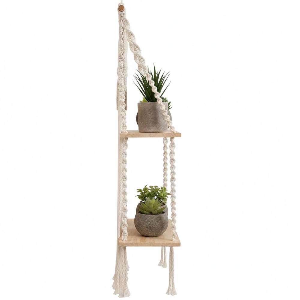 Decazone Macrame Indoor Wall Hanging Shelf Chic Decor Wood Floating Boho Shelves with Wooden Dowel Hand Woven Bohemian Decor for Apartment Dorm Bedroom Living Room Nursery Beige (2 Tier) 4