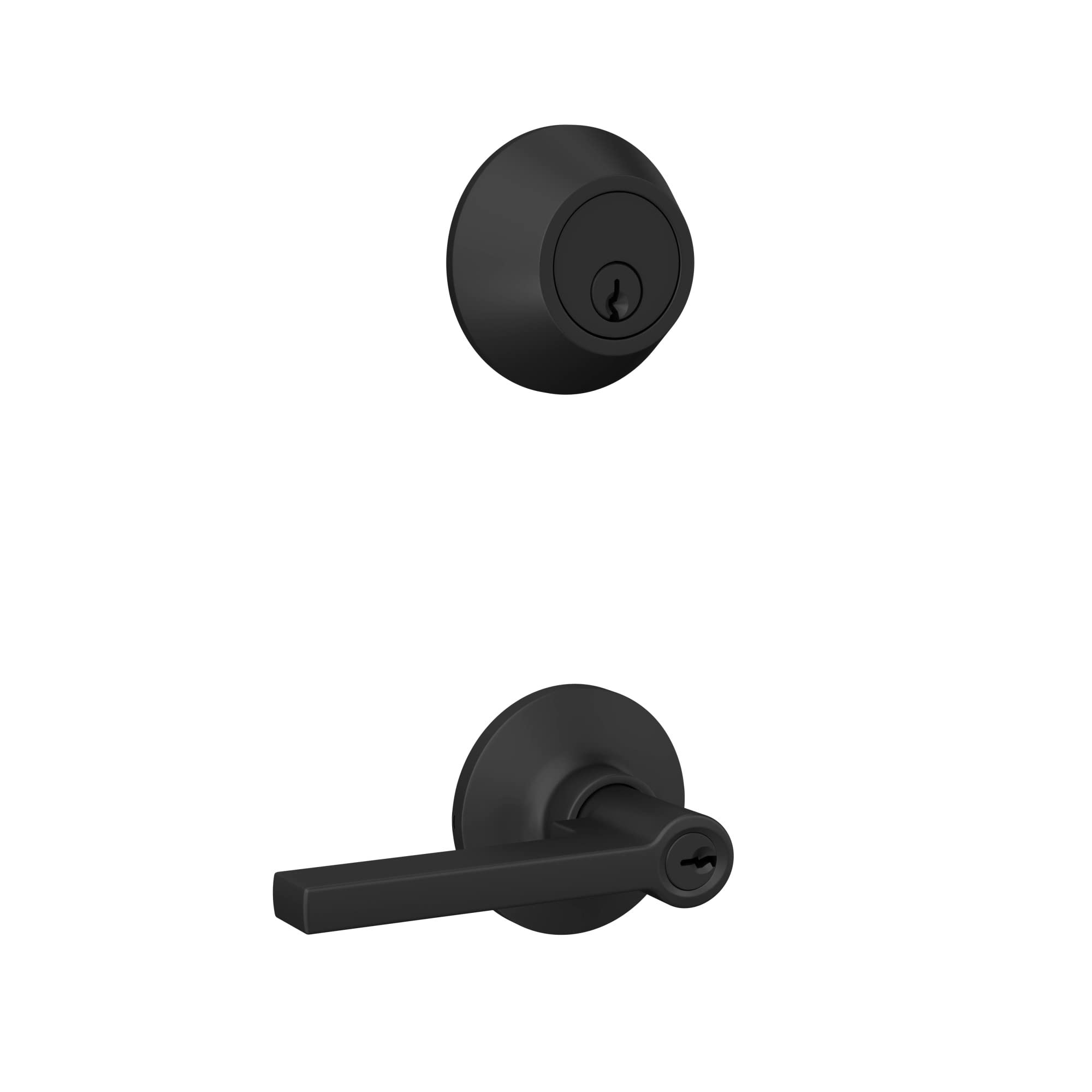 Lock Scout Straight Lever with Round Trim Keyed Entry Door Handle and Single Cylinder Deadbolt, Matte Black Finish 1