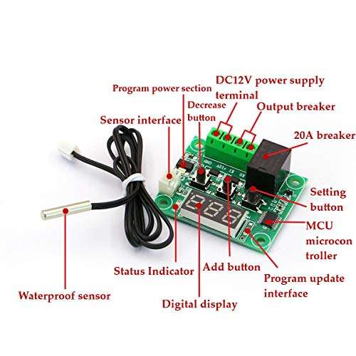 CenryKay W1209 12V Temperature Controller Module,Digital Cooling/Heating Thermostat -50-110 °c Temperature Controller with 10A One-Channel Relay and Waterproof（3PCS) 2