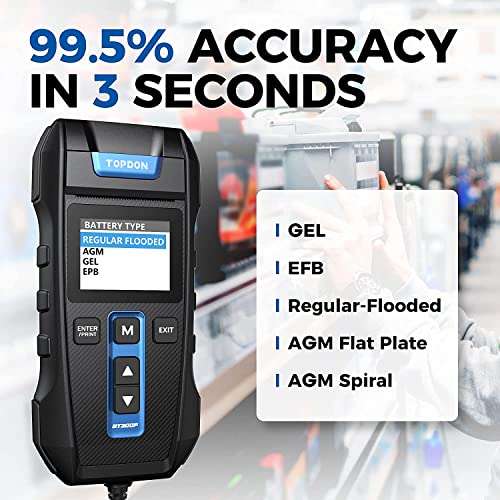 Car Battery Tester 12V 24V 100-2000CCA Lead-Acid Battery, TOPDON BT300P Alternator Tester, Load Tester, with Built-in Printer, Spark Free Metal Clamps, Automatic Reverse Polarity Protection 5