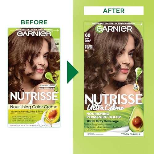 Garnier Hair Color Nutrisse Nourishing Creme, 60 Light Natural Brown (Acorn) Permanent Hair Dye, 2 Count (Packaging May Vary) 2