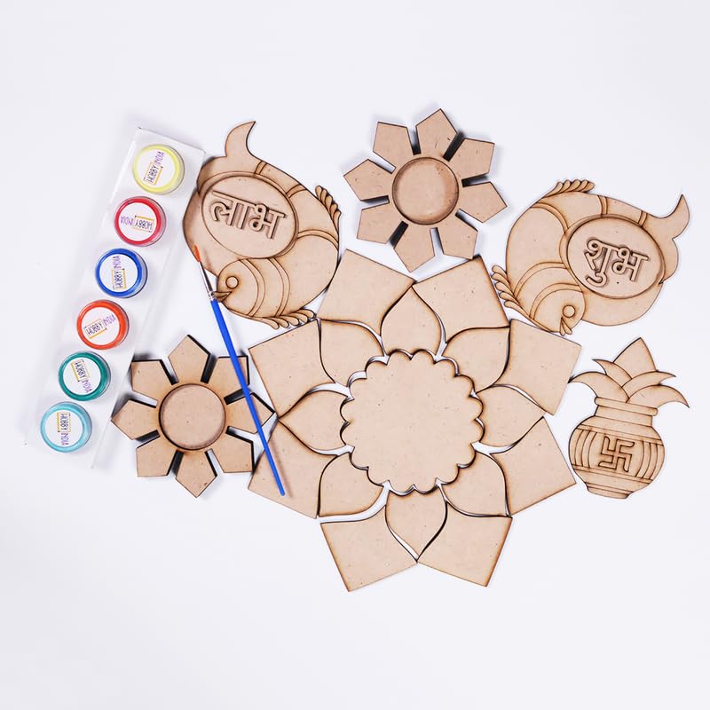 Curious Button Unfinished Wooden Cutout kit for Diwali Decoration, Painting, DIY Projects | One Rangoli, 2 Subh Labh Cutout, 2 Tealight Candle Holder and One Kalash
