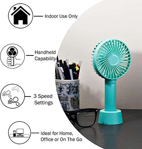 X4CART Mini Handheld Portable Fan USB Rechargeable Built-in Battery Operated Summer Cooling Desktop Fan with Standing Holder Handy Base For Home Office Outdoor Travel (Blue Color) 2