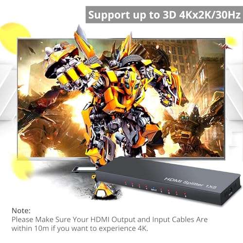 LiNKFOR 1x8 HDMI Powered Splitter with Power Adapter 8 Ports HDMI Splitter Ultra 4K @ 30 Hz Support 3D Full HD 1080P (1 in 8 Out) 4