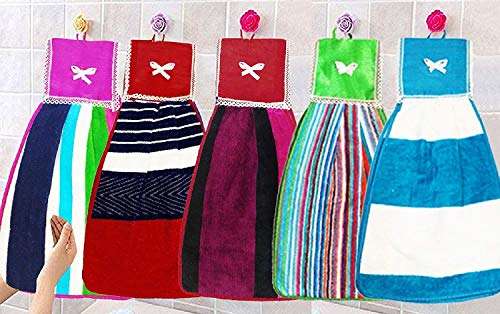 VORDVIGO Double Sided Printed Soft Cotton Hanging Hand Towel Napkin for Wash and Kitchen Basin (Multicolor) - Pack of 5 1