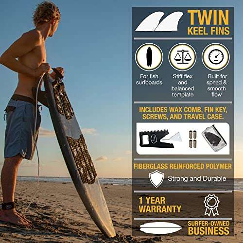 Surfboard Twin Fins (2 Fins) - Keel Fins for Fish Surf Boards [Twin Tab or Single Tab Sizes] (Black, Single Tab) 2