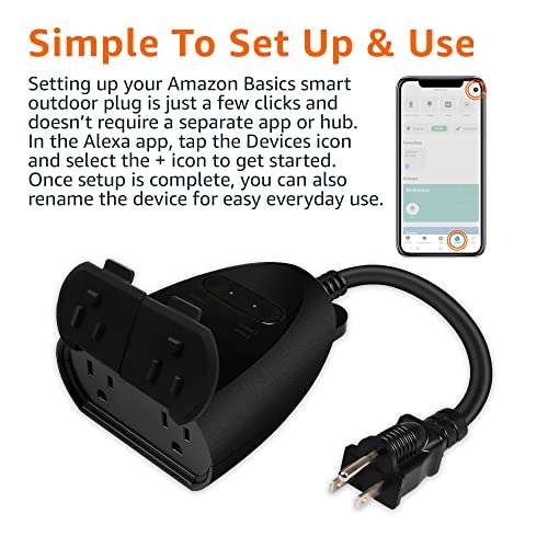 Amazon Basics Smart Outdoor Plug with 2 Controllable Outlets, Works with Alexa Only, 2.4 GHz Wi-Fi, Black 2