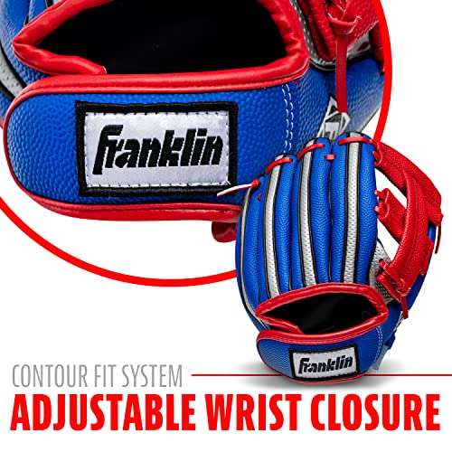 Franklin Sports Kids Baseball Glove + Ball Set - Air Tech Youth Teeball Glove - Boys + Girls Children's Glove + Ball - Right Hand Throw - Blue, Red and Silver, 9" 6