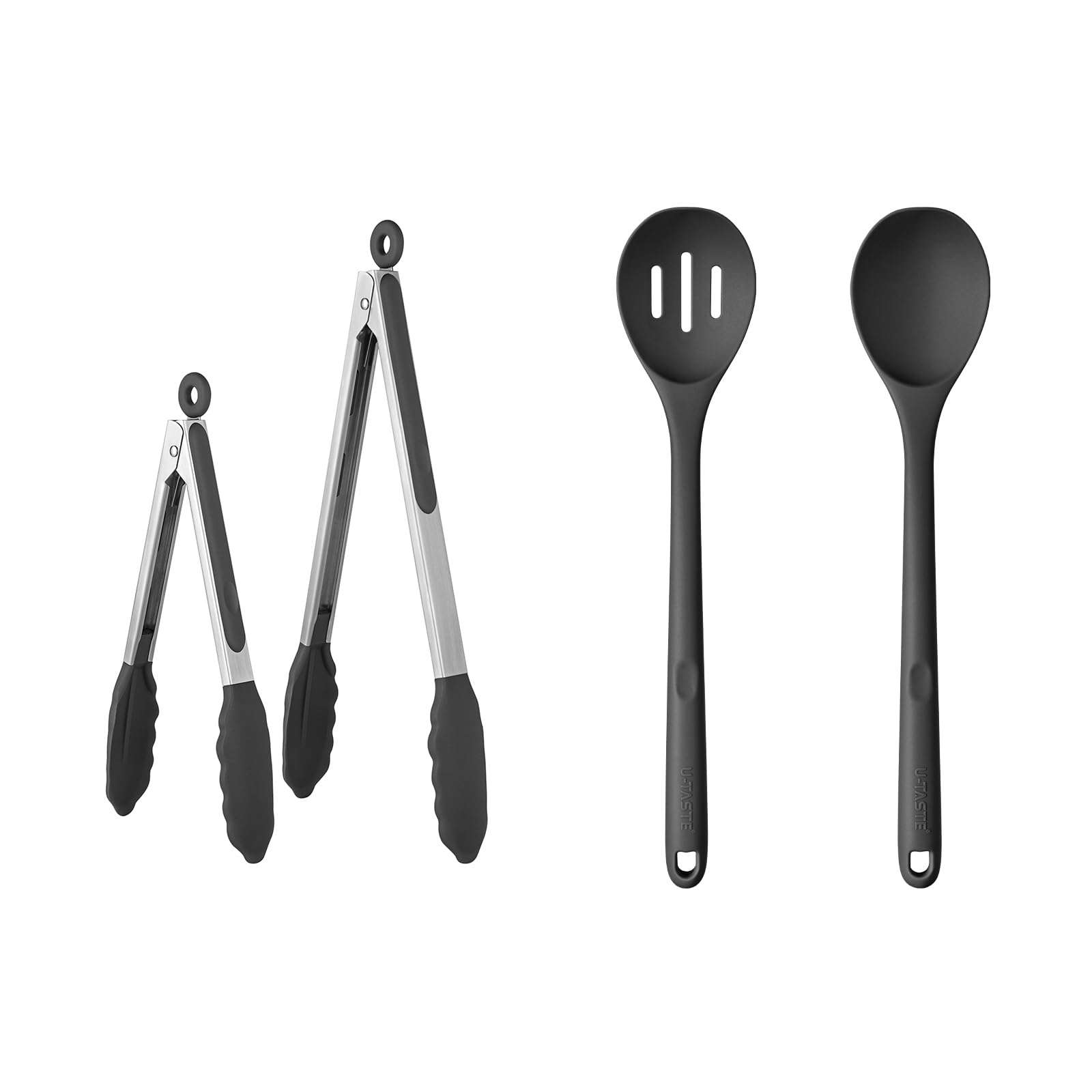 U-Taste 600℉ Heat Resistant Food Grade Non Stick Firm Cooking Tongs Set of 2, and 600ºF Heat Resistant Silicone Spoons, 13.3in Solid & Slotted Kitchen Mixing Tool (Black) 1