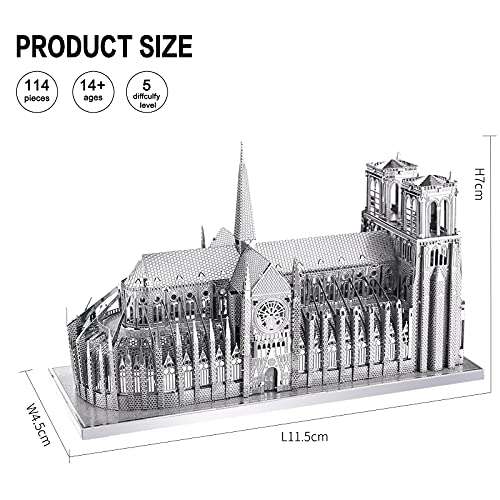 Piececool 3D Metal Puzzle for Adults, Gold Notre Dame De Paris Church Metal Model Kit, French Cathedral Architecture Building Kits, Great Birthday 114 Pcs 5
