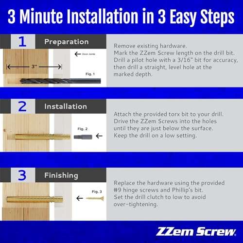 ZZem Screw 4-pk - #9x3-Permanent Door Hinge Repair Kit - Easy Stripped Screw Hole Repair - Reinforce Door Hinges, Strike Plates and Door Jamb Repair - Repair Stripped Hinge Screws in Minutes! 5