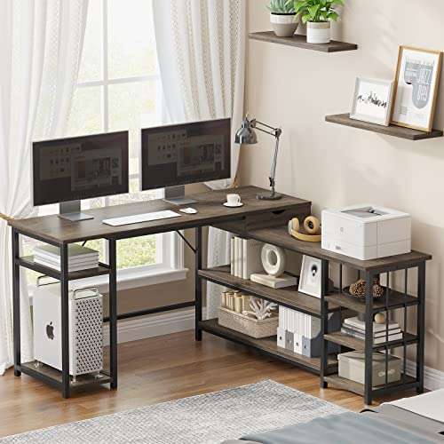 SEDETA L Shaped Computer Desk, 59 Inch Corner Computer Desk with Storage Shelves and Drawer, Study Writing Desk Table Workstation for Home Office, Vintage Walnut 6