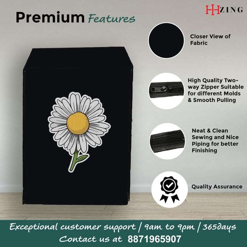 HIZING Waterproof Washing Machine Cover Front Load/Dishwasher, Universal Compatible/Suitable for - 6.5 Kg, 7 Kg, 7.5 Kg, 8 Kg Bosch/LG/Samsung/Whirlpool/LLYOD/Godrej Solid Black Sunflower Print 4