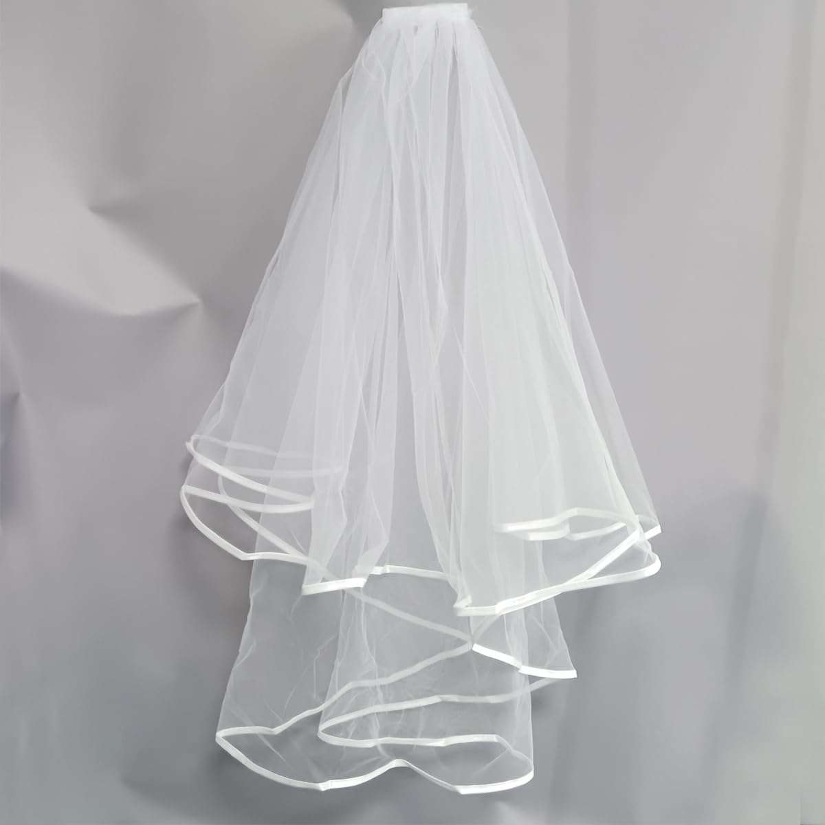 Ewanda store Double Ribbon Edge Center Cascade Bridal Wedding Veil with Comb White 4