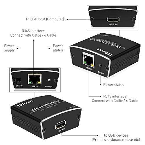 TESmart 328 ft (100m) USB 2.0 Extender USB to CAT RJ45 LAN UTP Cable Extension USB 2.0 Repeater with Power 4