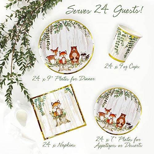 YARA 96 Piece Woodland Animals Baby Shower & Birthday Party Supplies For Boy & Girl Decorations with disposable paper plates napkins and cups of Forest Creatures Fox Theme Tableware Set Serves 24 2