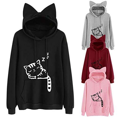 Women Teen Girl Hoodies Cute Cat Ear Novelty Printed Pullover Sweatshirt Funny Sports Tops with Kangaroo Pocket( Pink, XX-Large ) 5