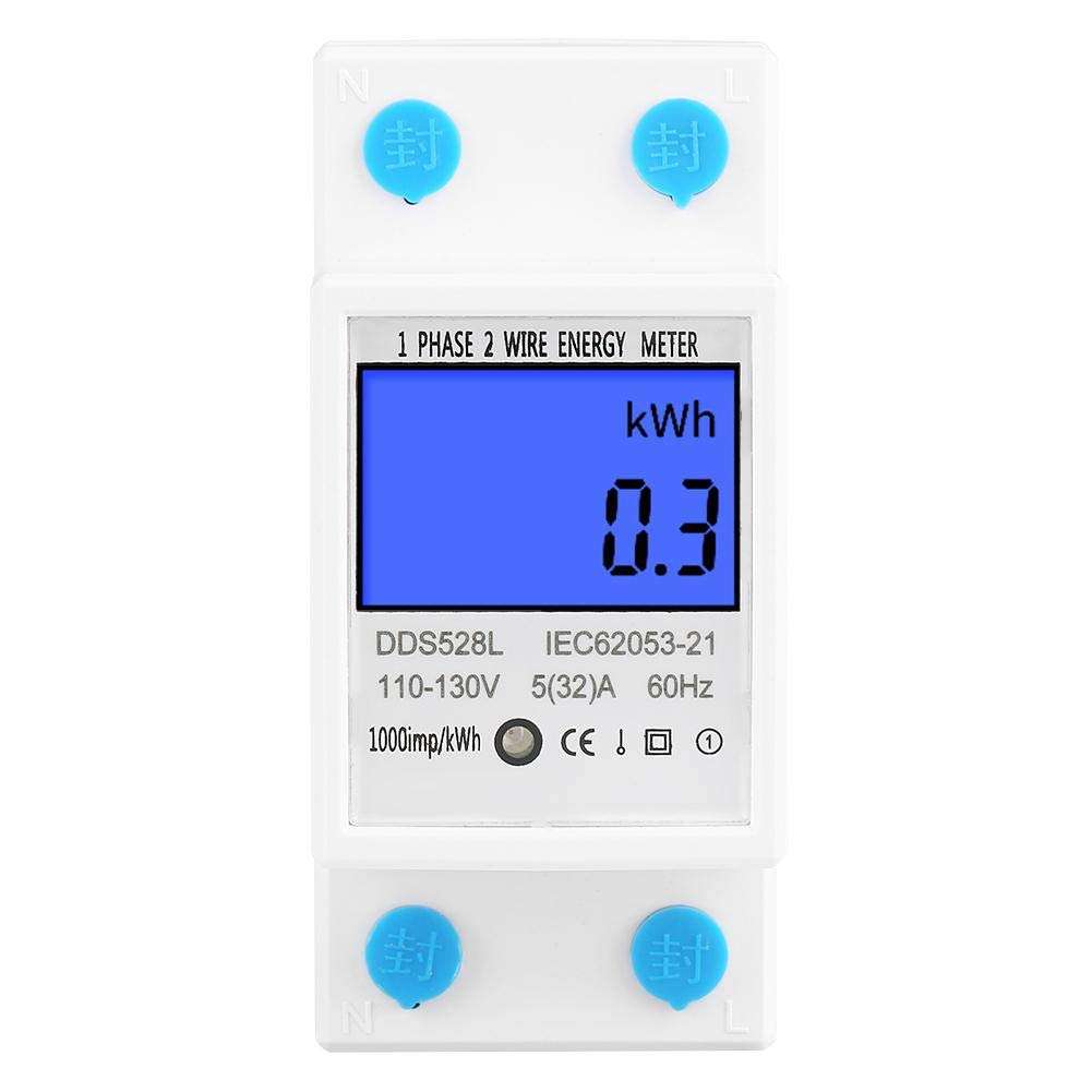 Digital Energy Meter, 5-32A 110-130V 60Hz LCD Backlight Single Phase Energy KWh Meter 35mm DIN Rail Mounting with Buckle & Seal 5