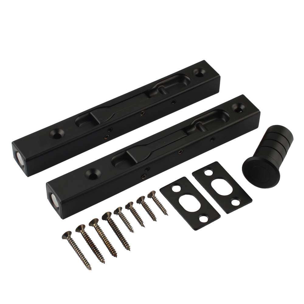 Hidden Latch & Bolt Black 304 Stainless Steel 6 inch(15cm) Security Door Bolt Latch, Spring Dust Plug, Double Door Lever Action Flush Bolt Latch, French Door Slide Bolt Lock, Black Finish(2-Pack) 1