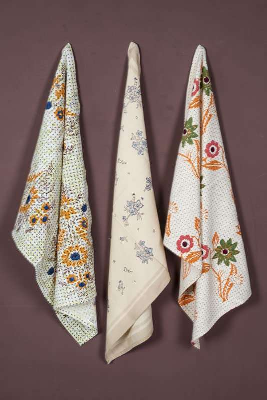CONTRAST LIVING Sareka Hand Block Printed Kitchen Towel/Dish Towel/Hand Towel Multi Color Set of 3 Pcs 1