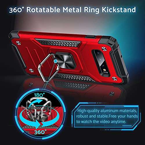 Anqrq Galaxy S10 Plus Case, Military Grade Protective Phone Case Cover with Enhanced Metal Ring Kickstand [Support Magnet Mount] Compatible with Samsung Galaxy S10+ Plus, Red 2