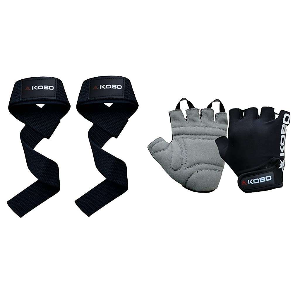 Kobo WTA-03 Power Cotton Gym Support (Black)&Kobo WTG-05 Leather Gym Gloves, Large (Black)
