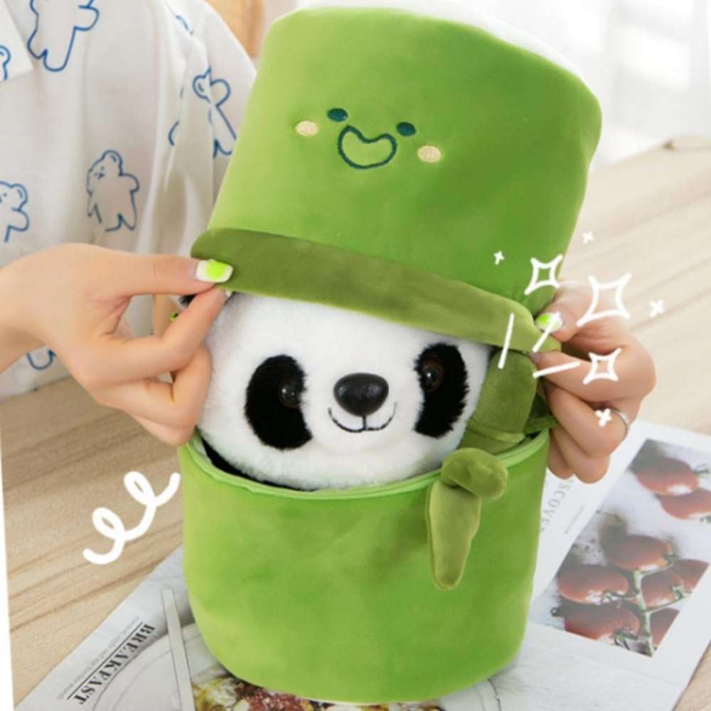 OUKEYI Panda Stuffed Animals Panda Bamboo Plush Toy 9.8 Inch/25cm Bamboo Tube Panda Pillow Stuffed Panda Bear Plushies Panda Doll Gifts for Boys Girls, Black 3