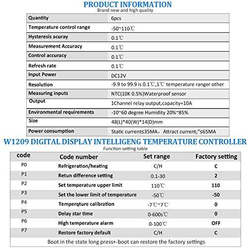 6 Pieces W1209 Digital Thermostat 12V DC W1209 Digital Temperature Controller Boards -50 - 110°C Electronic Temperature Control Switch Module with Waterproof NTC Probe and 10A One-Channel Relay 4
