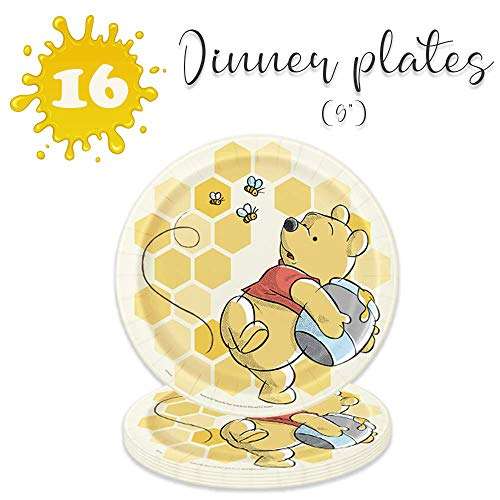 Winnie The Pooh Birthday Party Pack for Up to 16 Guests With Plates, Napkins, Cups, Yellow Straws and Pin by Another Dream 3