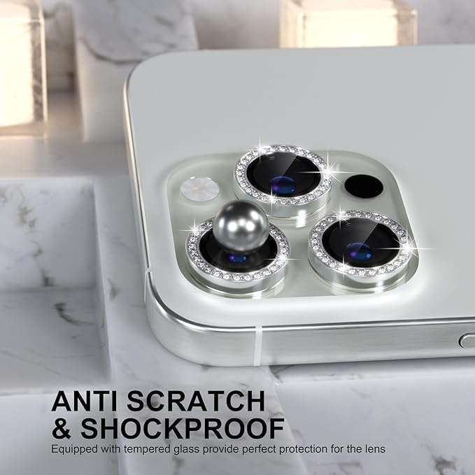 STP FEEL® Diamond Camera Ring Protector Compatible for iPhone 16 Pro 5G / 16 Pro Max 5G Full Coverage Metal HD+ Tempered Glass Camera Protector Ring Anti-Scratch Dust-proof Case Friendly - Silver 3