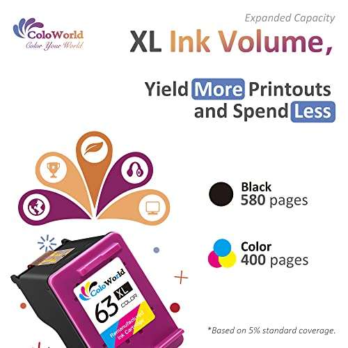 ColoWorld Remanufactured Ink Cartridge Replacement for HP 63XL 63 XL Work with Envy 4520 3634 OfficeJet 3830 3831 5252 4650 5258 5255 DeskJet 3636 3630 1112 1110 3637 3639 Printer (2 Black, 1 Color) 3