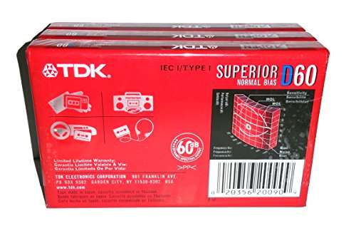 TDK Superior Normal Bias D60 IEC I/Type I for Everyday Recording Audio Cassette Tapes - 3 Pack 3