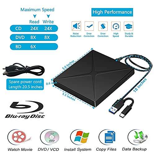 Blu-ray Drive External Bluray DVD Drive, USB 3.0 and Type-C Blu-Ray Burner DVD Burner 3D Slim Optical Bluray CD DVD Drive Compatible with Windows XP/7/8/10, MacOS for MacBook, Laptop, Desktop 4