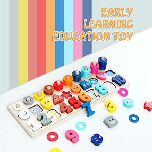QZMTOY Wooden Montessori Toys for Kids, Toddler Number Puzzles Sorter Counting Shape Stacker Stacking Game Preschool Toys for Boy Girl Learning Education Math Blocks Chunky Puzzles Gift for Toddlers 2