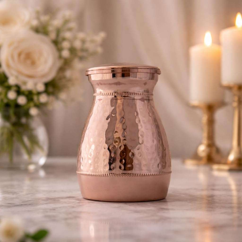 Pure Copper Vedic Bottle/Vedic Jar with Lid (500 ml) | Handmade Hammered Copper Water Storage Pot | Ayurvedic Health Drinkware | Lacquer Coated | 1