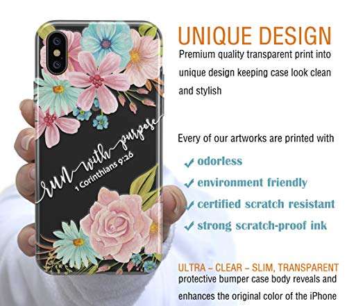 iPhone XR Case,Stunning Spring Flowers Floral Bible Verse Run with Purpose Clear Soft Anti Scratch Shockproof Protective Case Cover for Apple iPhone XR 6.1 inch 3