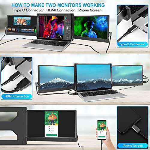 Portable Monitor for Laptop, Triple Screen Extender for PC, 12 Inch 1080P Extra Laptop Screens for 13"-16" Mac Windows Chrome Laptops 3