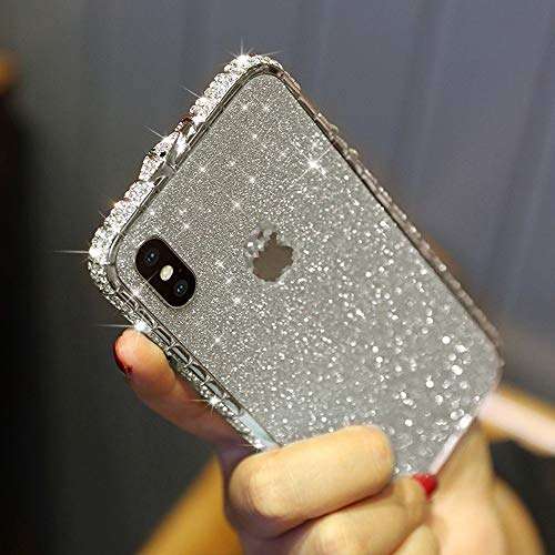Case for iPhone Xs Max Cover,Girls Women Luxury Sparkly Bling Glitter Rhinestone Diamond Metal Button Bumper Case Cover & Shiny Glitter Sticker Protective Cover for iPhone Xs Max Diamond Case,Silver 2